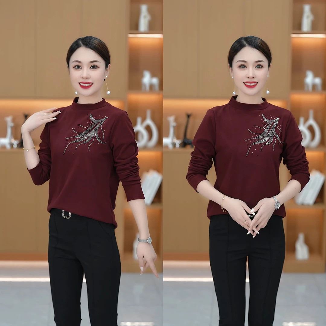 秋冬新款双面澳绒时尚洋气半高领烫钻长袖打底上衣