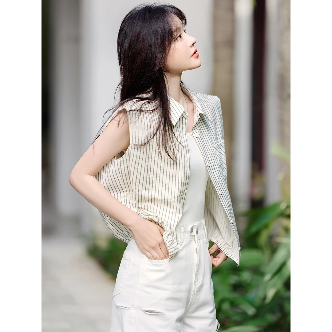 沫晗依美文艺气质清爽条纹仿麻感翻领衬衫2025夏季新款小短款2340