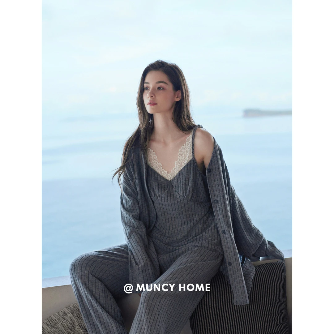 曼系“慵懒姐姐”春秋季睡衣女长袖吊带三件套蕾丝高级家居服套装