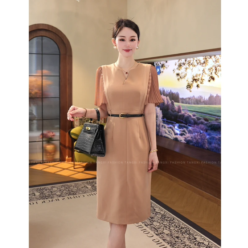 2025夏季新款【TX-8010】轻奢肉桂色显白气质百褶袖遮肉连衣裙