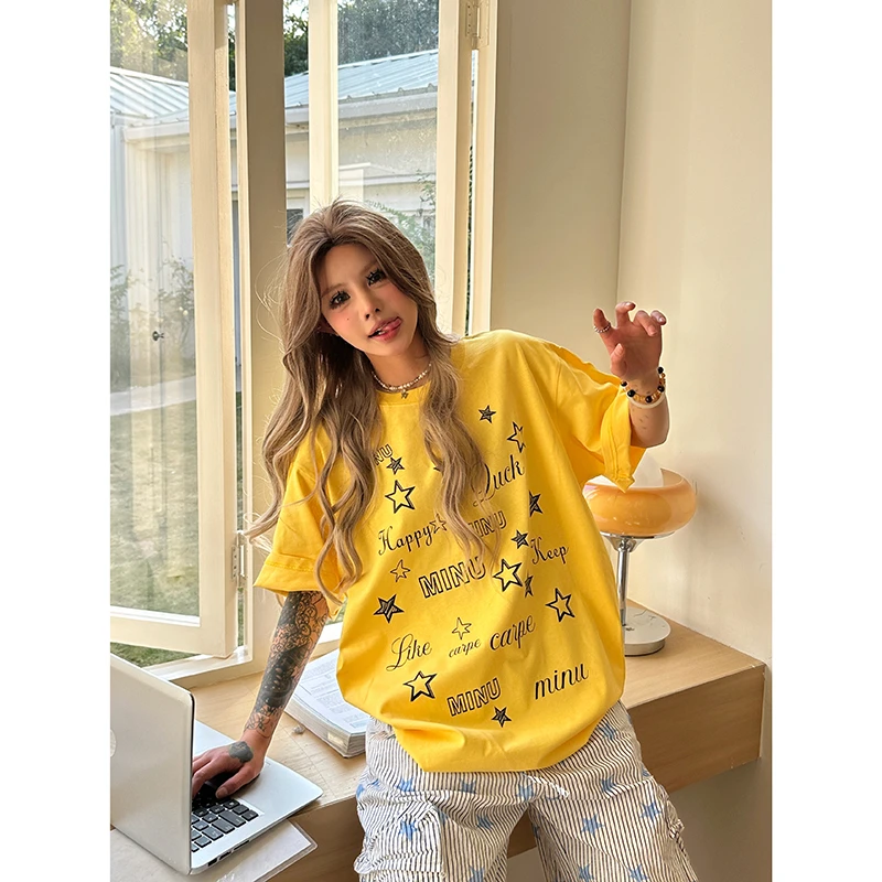 Sixminu夏装宽松型学生小众设计感T恤卡通星星半袖短袖印花吸汗t