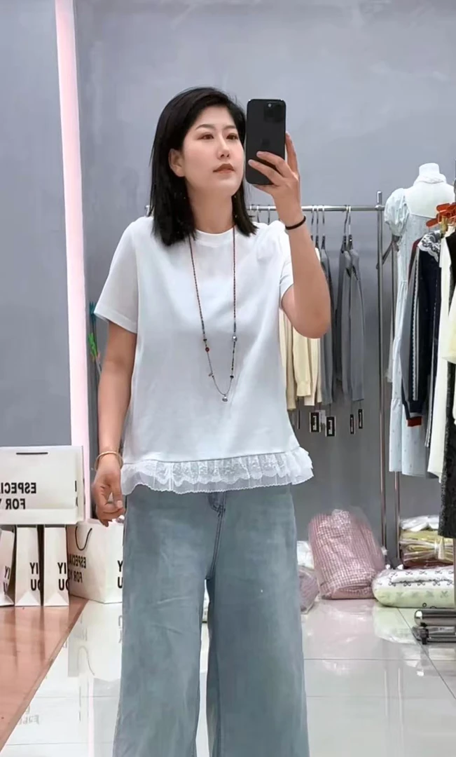 INS风短款蕾丝拼接T恤夏季白色短袖