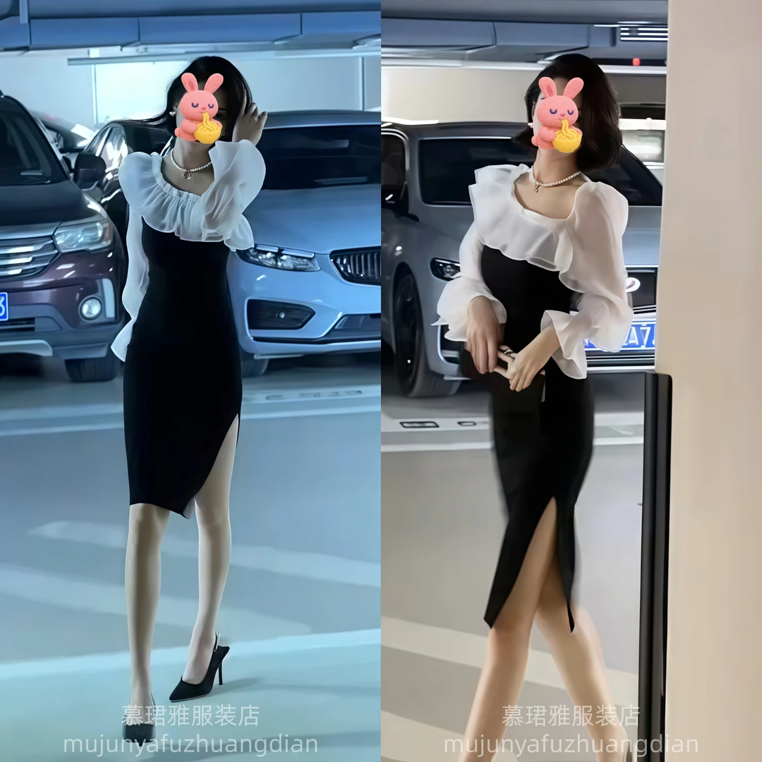 气质黑色连衣裙2025早秋新款荷叶边网纱拼接一字领收腰长款裙子女