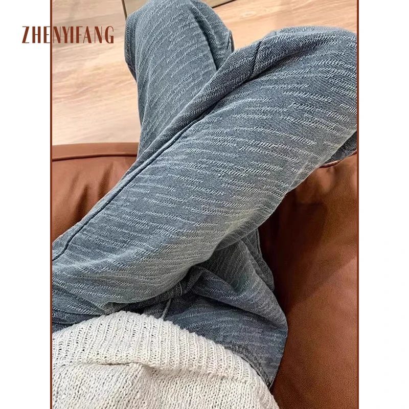 【珠珠专属】高端定制流星纹理提花阔腿牛仔裤女复古高腰宽松