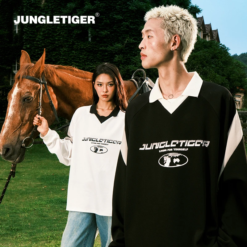 丛林老虎logo印花双色拼接运动球衣春秋季翻领宽松男女长袖polo衫