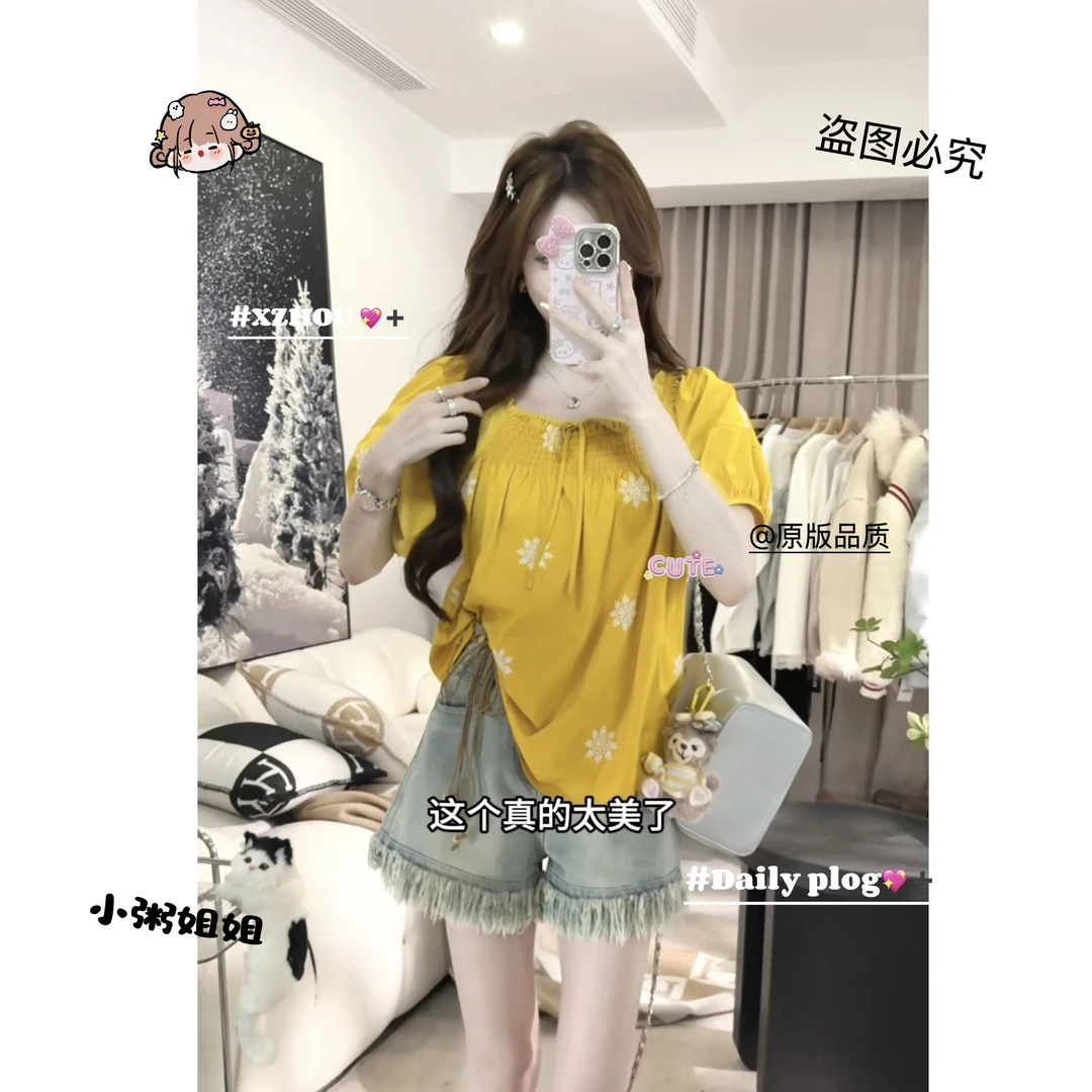 【XZHOU05.21】【焦糖玛奇】夏季泡泡短袖刺绣一字肩娃娃小衫上衣女