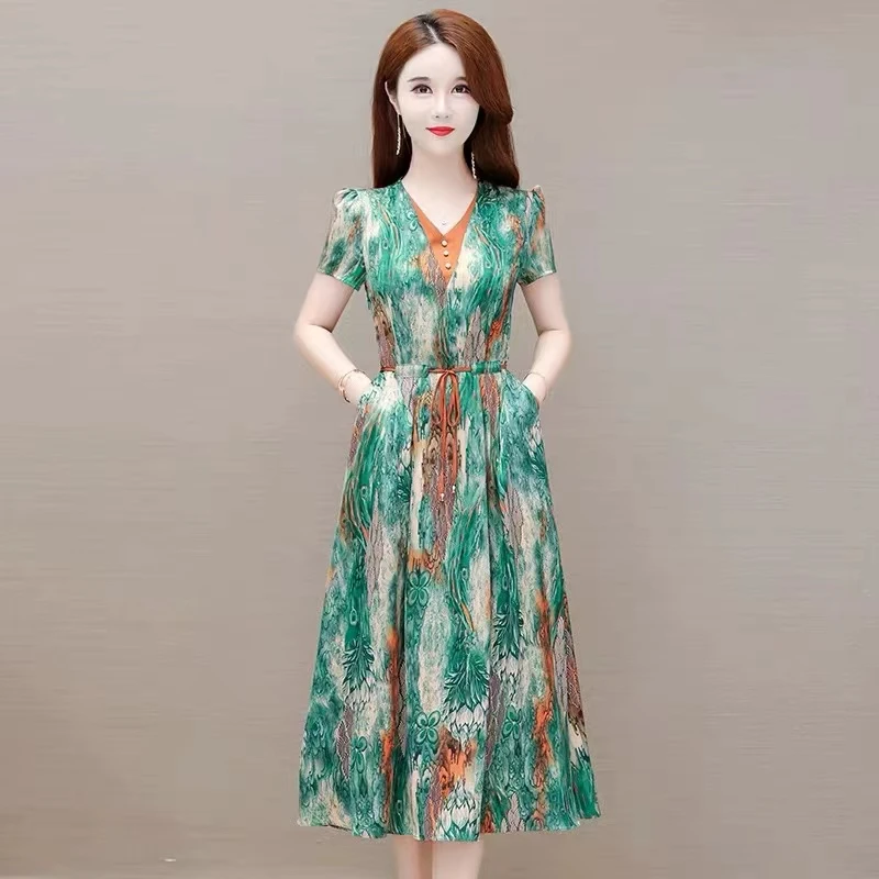 【现货现发】妈妈夏装洋气连衣裙中年洋气碎花裙子中老年夏季长裙
