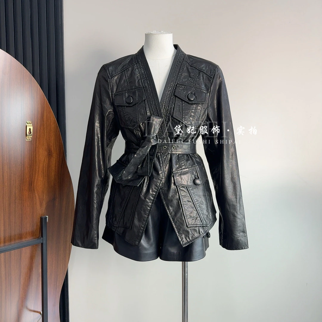 2025秋季新款真皮绵羊皮皮衣女V领系带显瘦设计感外套