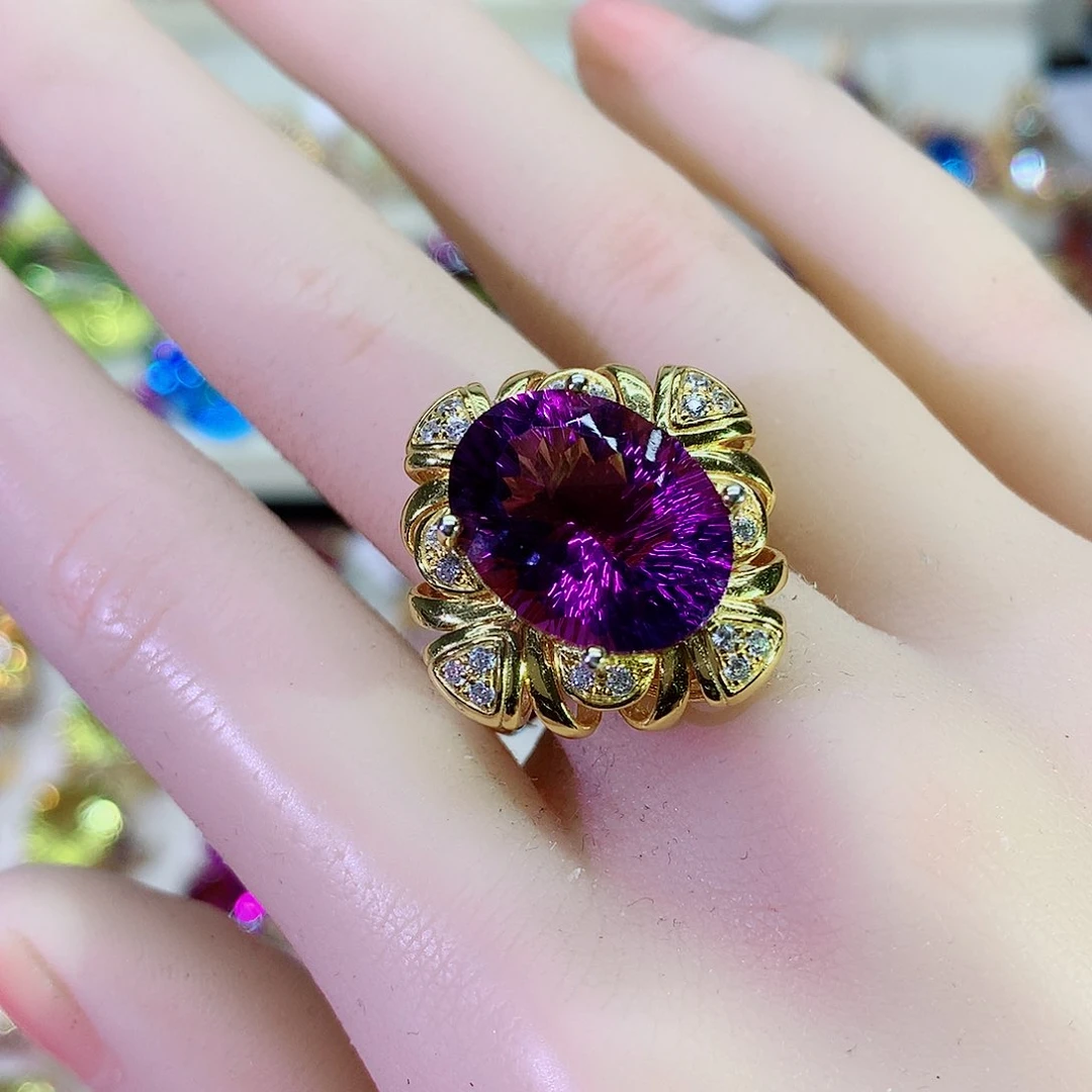 水晶戒指银S925镀金镶嵌