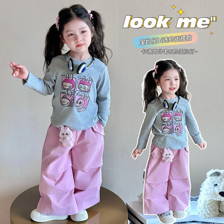 女童卡通lAbubu工装套装春秋2025新款洋气女孩时髦休闲运动两件套