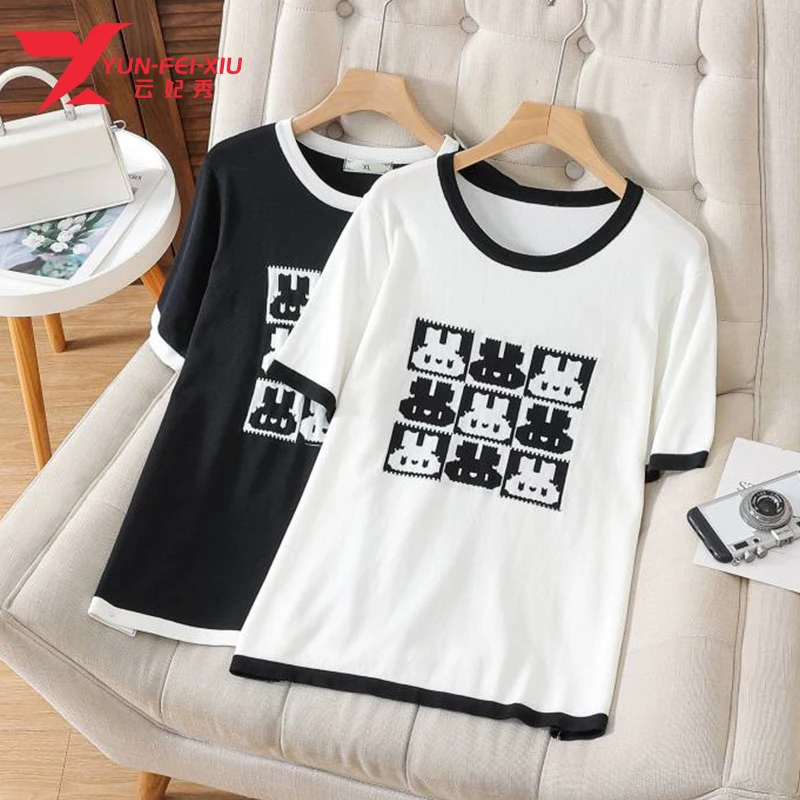 云妃秀大码女装针织衫时尚休闲微胖拼接减龄显瘦遮肉T恤夏季21013