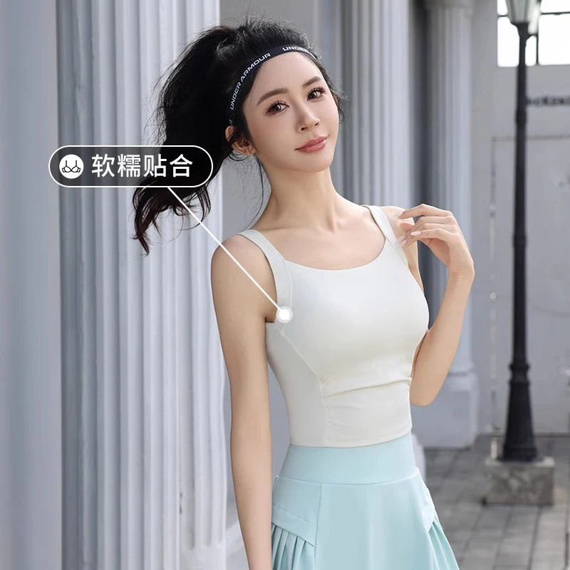 乐炼大码运动背心女外穿美背文胸褶皱瑜伽背心健身吊带普拉提上衣