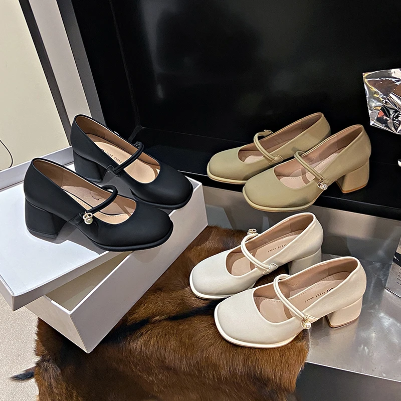 芯宛筠玛丽珍女鞋子女士夏新款春秋仙女粗跟高跟鞋