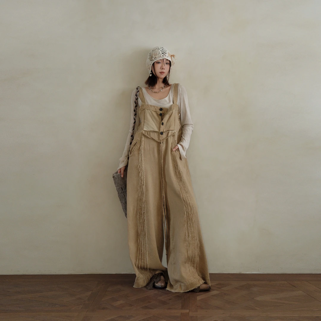 弥挲 旷野拾穗人  植物染侘寂文艺复古工匠原创重工水洗背带裤