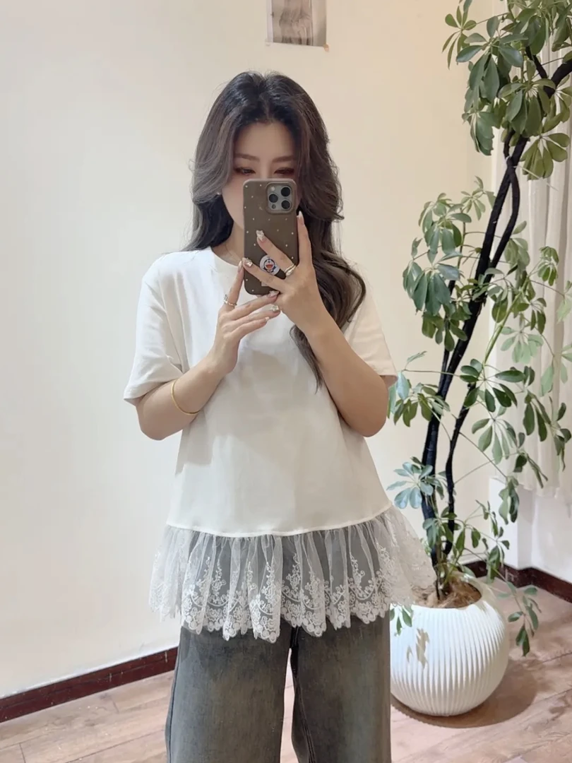 新款短袖拼接蕾丝花边白色百搭T恤宽松甜美
