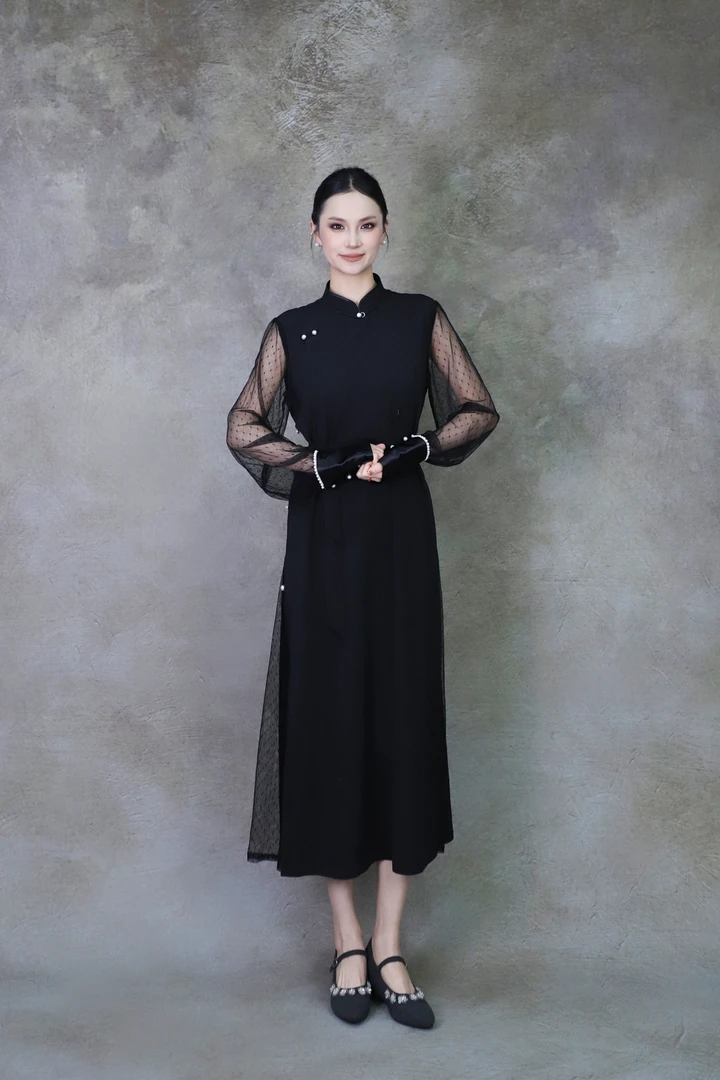 【大树蒙古袍】DS047蒙氏高定立领纱袖长款连衣裙显瘦气质黑色
