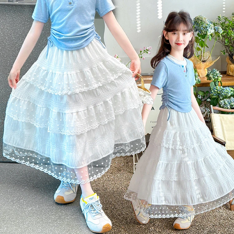 女童夏装超好看裙子套装2025新款薄款洋气女童假两件短袖半身长裙