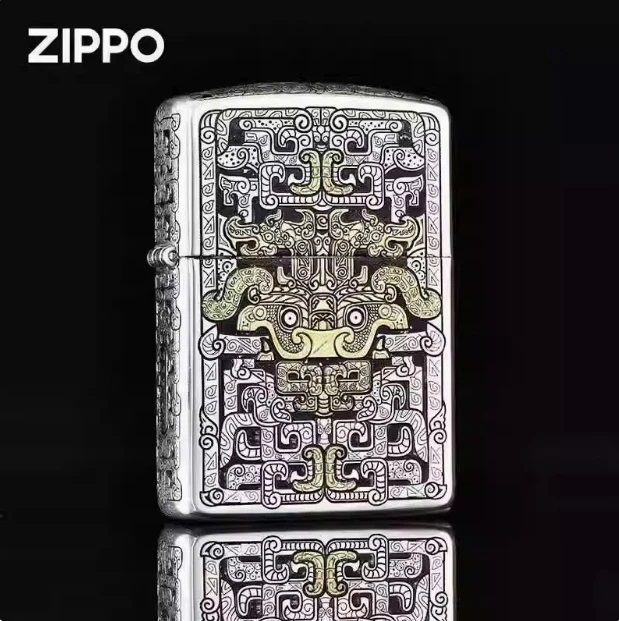 ZIPPO/之宝错金银盔甲上古饕餮 正品打火机男士复古双面个性DYJ1
