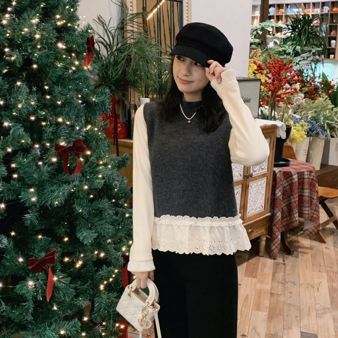 漫姐的店【热恋期】韩系百搭温柔立领气质蕾丝花边背心针织马甲