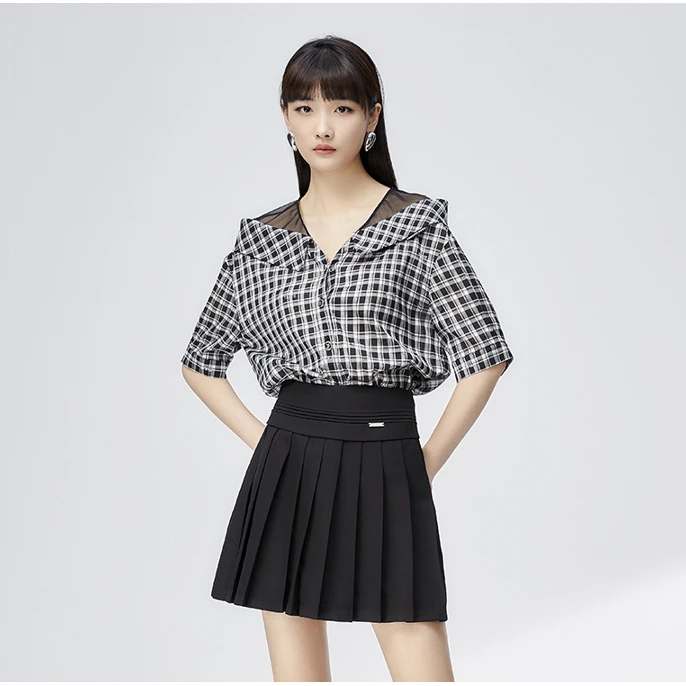 【直播专享】商场同款新品格子与朦胧网纱拼接上衣N044A32819