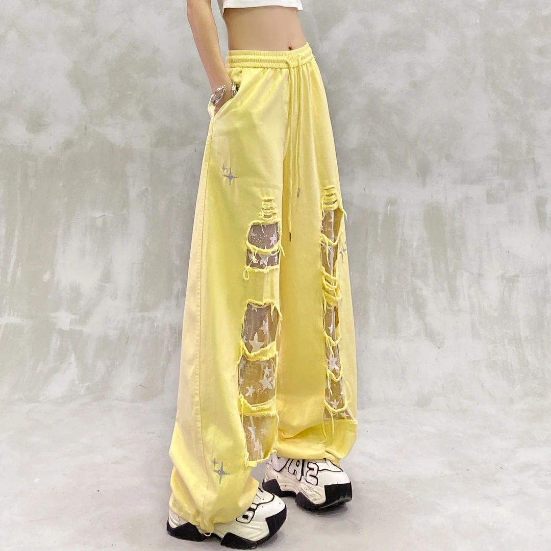 洋气镂空破洞设计休闲运动裤女夏新款高腰宽松显瘦百搭直筒阔腿裤