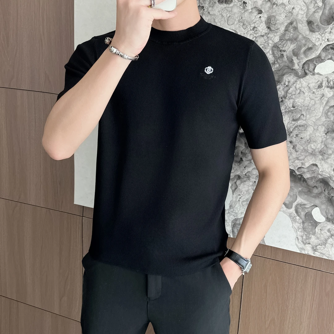 春秋冬男士短袖针织毛衣打底衫简约绣花高品质商务潮圆领毛衣修身
