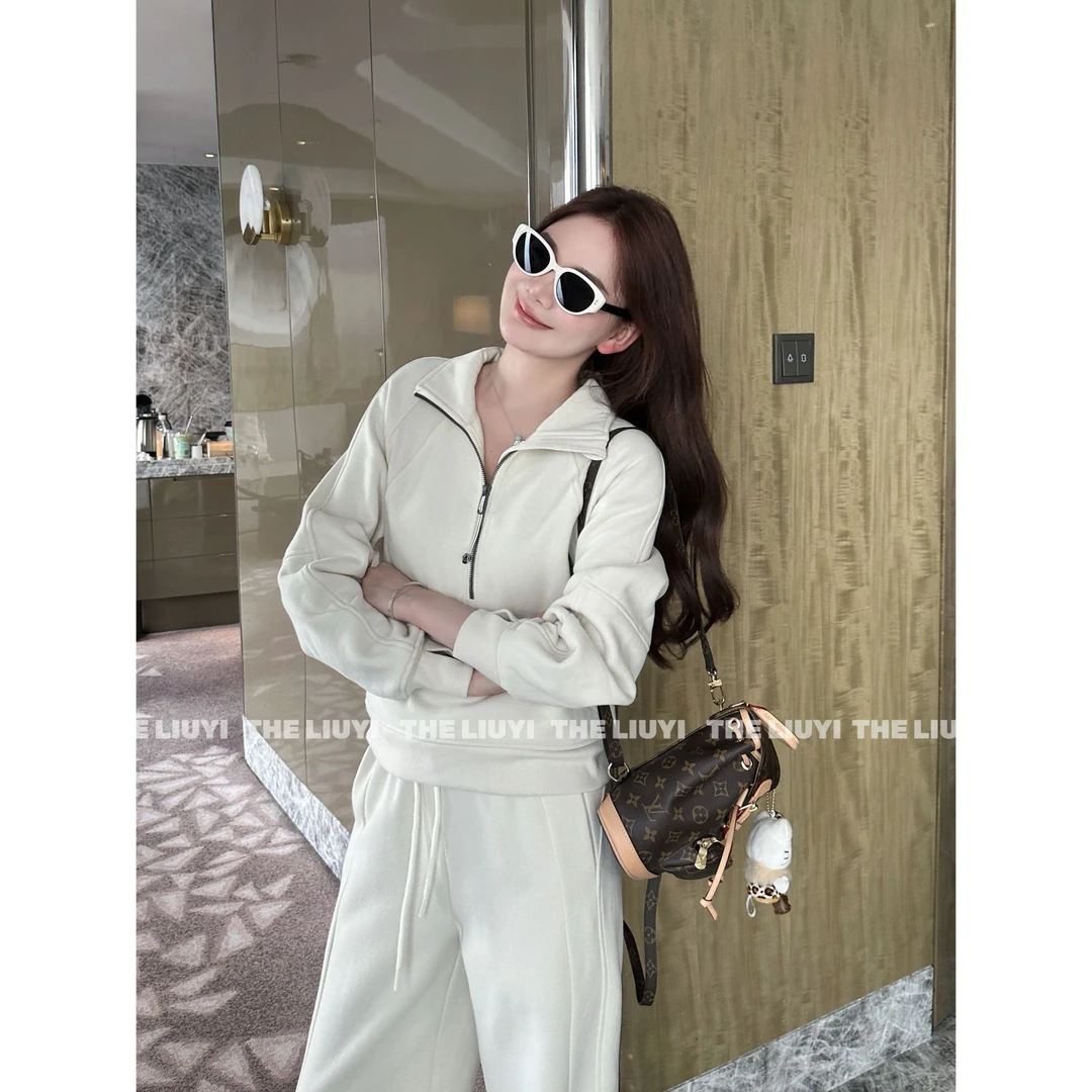 【LIUYI】lu系套装~冬季一体绒立领卫衣外套加绒加厚休闲裤5926A1