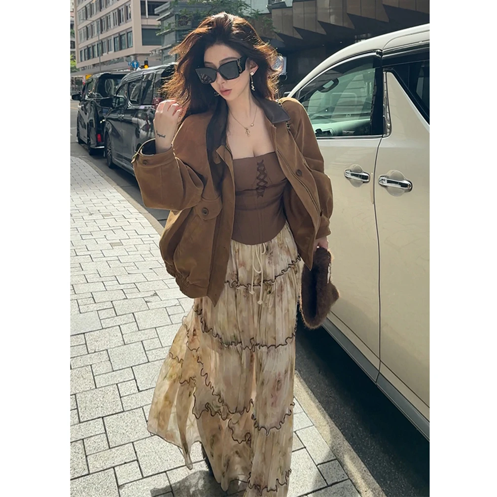 时尚复古撞色拼皮翻领宽松外套女2025秋季新款设计感做旧夹克上衣