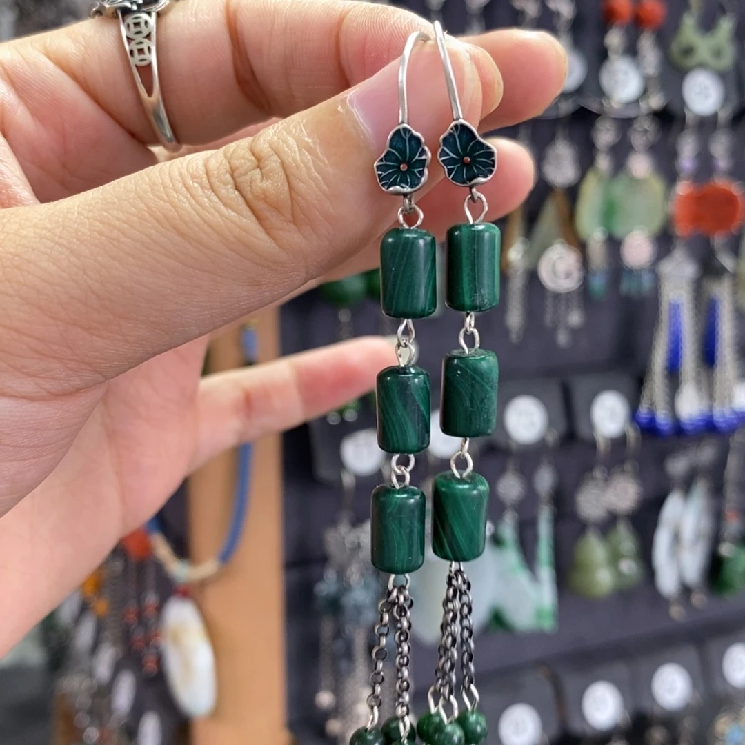 银S925镶嵌孔雀石耳饰耳坠