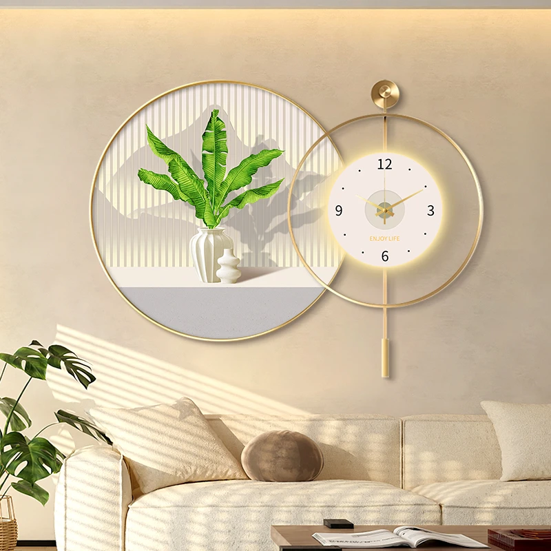 小清新餐厅装饰画绿植餐桌背景墙面壁画现代简约客厅钟表时钟挂画