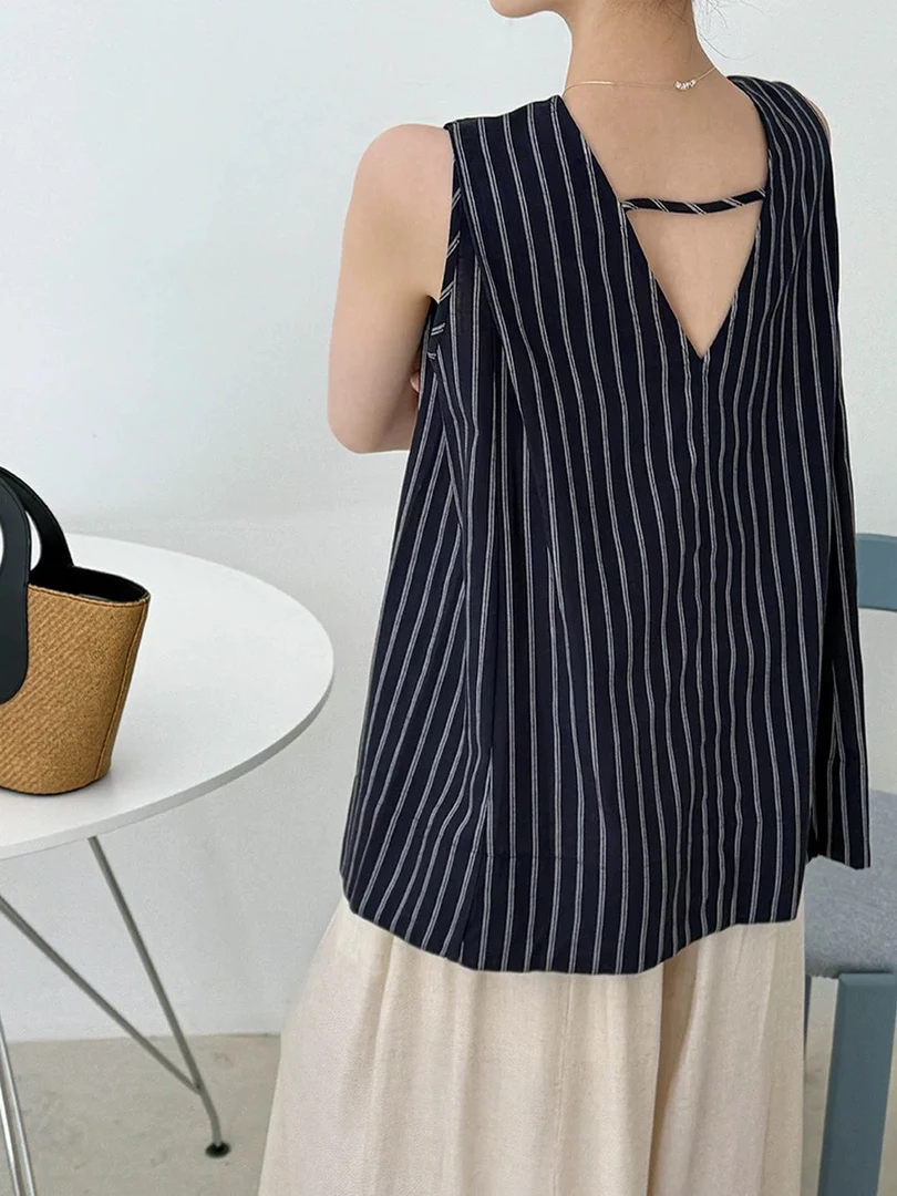 套头夏季无袖山系风薄款条纹衬衫外穿针织百搭韩版