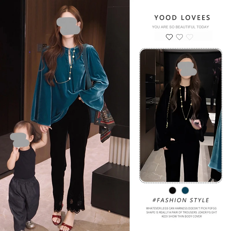 时尚套装女2025春秋新款新中式国风洋气衬衫显瘦镂空微喇裤两件套