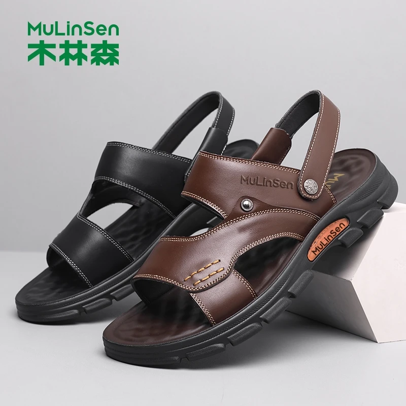 木林森凉鞋男夏季新款真皮透气沙滩鞋男士软底轻便外穿牛皮凉拖鞋