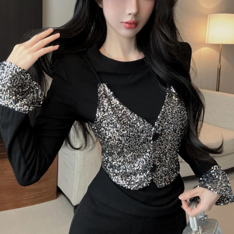 德绒亮片拼接时尚喇叭袖打底衫女假两件长袖设计感气质显瘦上衣