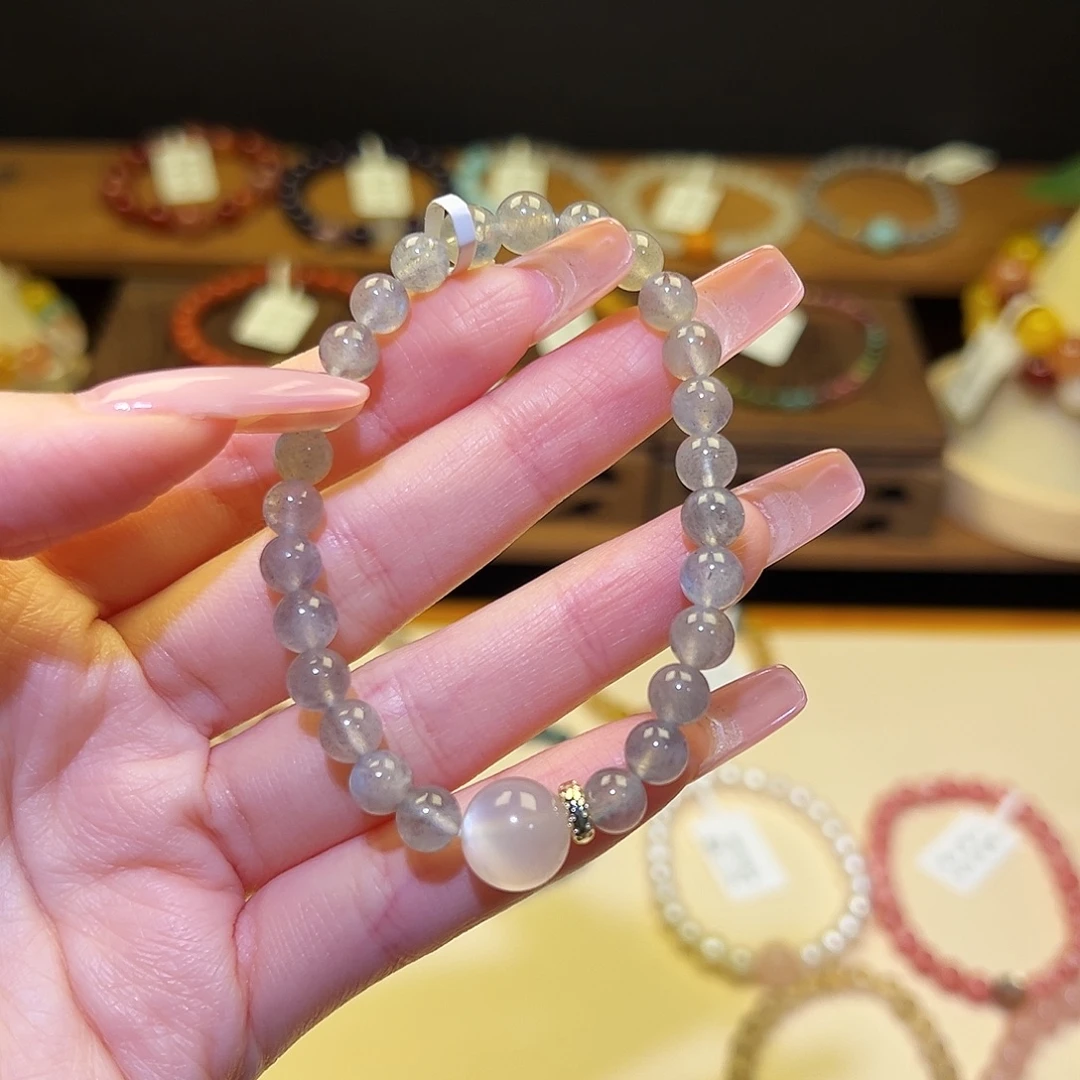 水晶手串银S925镀金镶嵌灰月光1952