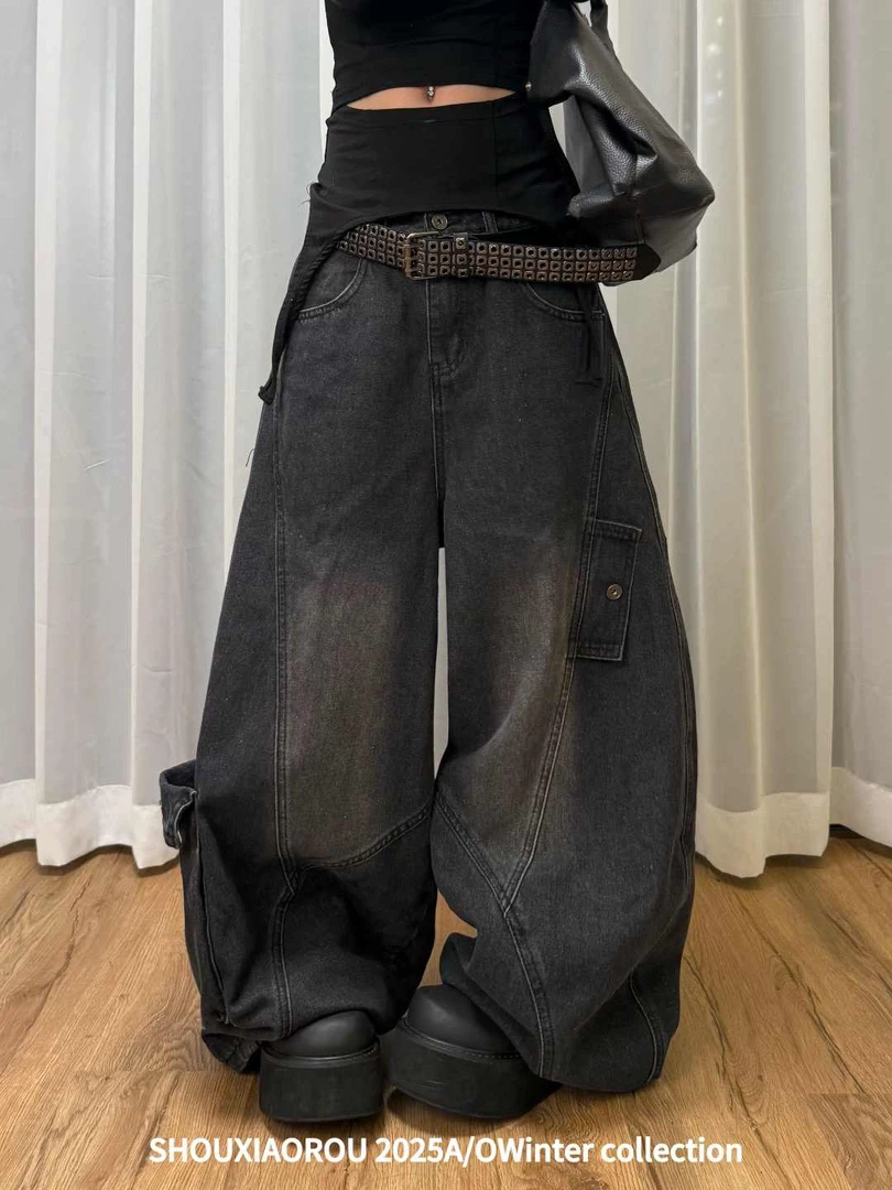 【24AO瘦小肉】美式复古立体裁剪大口袋工装水洗弯刀阔腿裤V-1075