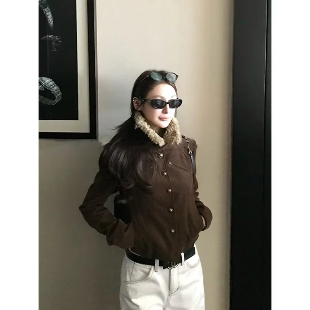 【涩谷辣妹】柳智敏韩系复古夹克外套女秋 短款拼接1015