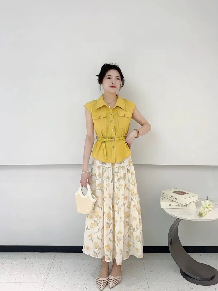 2025夏季新款法式气质收腰显瘦衬衫上衣高级感印花连衣裙两件套女