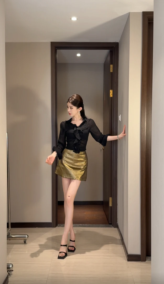 林不晚气质套装荷叶边微透长袖衬衫女秋季高腰包臀裙半身裙两件套