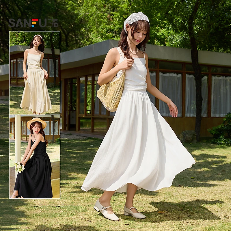 三福 连衣裙夏季温柔度假后背打揽收腰A摆抹胸吊带裙女装499408