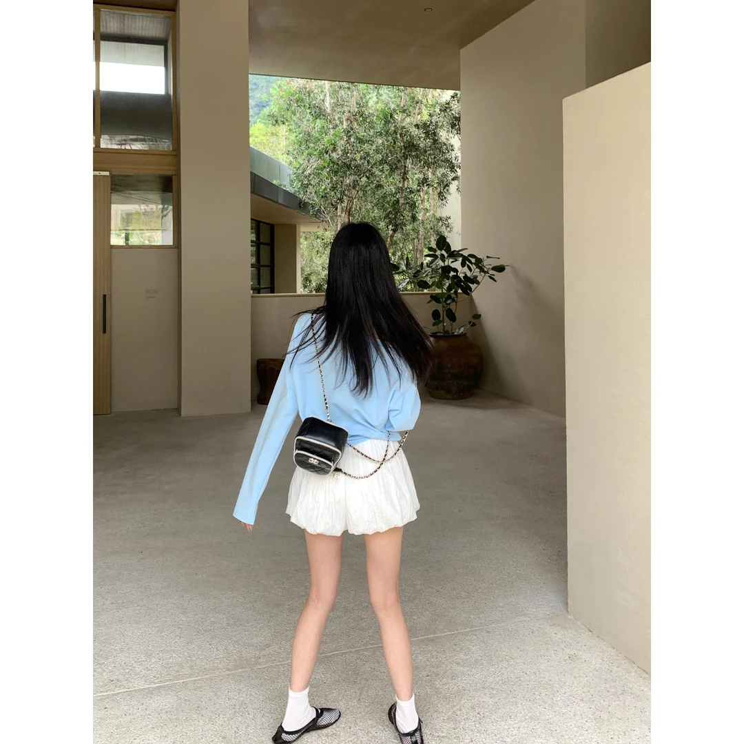 区区欧阳肌理感褶皱花苞短裤女春季辣妹蓬蓬裙裤高腰显瘦休闲裤子