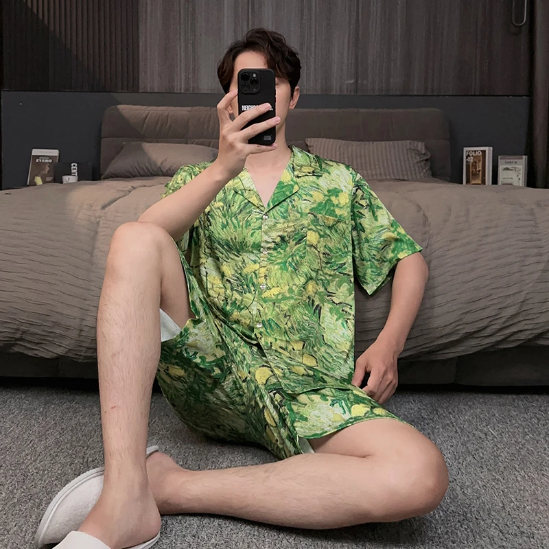 短袖短裤男士睡衣夏2025新款冰丝薄款可外穿度假风家居服大码套装