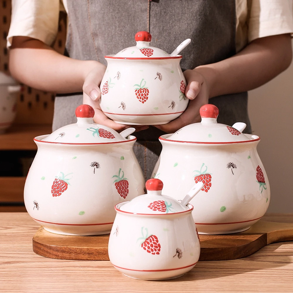 草莓猪油罐家用荤油罐厨房装辣椒罐辣椒油罐陶瓷耐高温油泼辣子罐