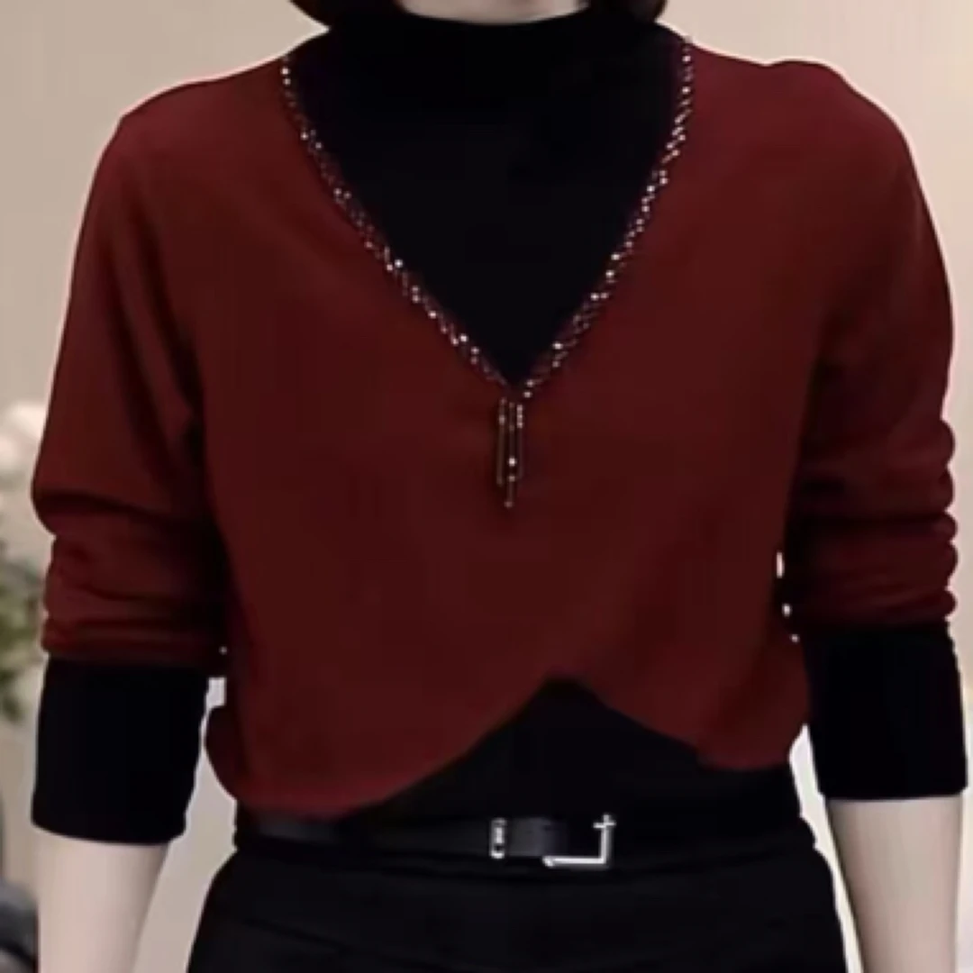 不加绒39968#拼色珠子款打底衫上衣