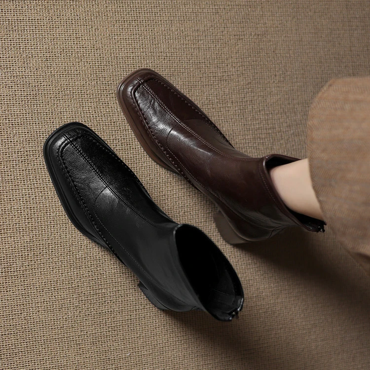 5cm~黑色中跟粗跟短靴瘦瘦鞋女方头百搭时装靴通勤大码气质短筒靴