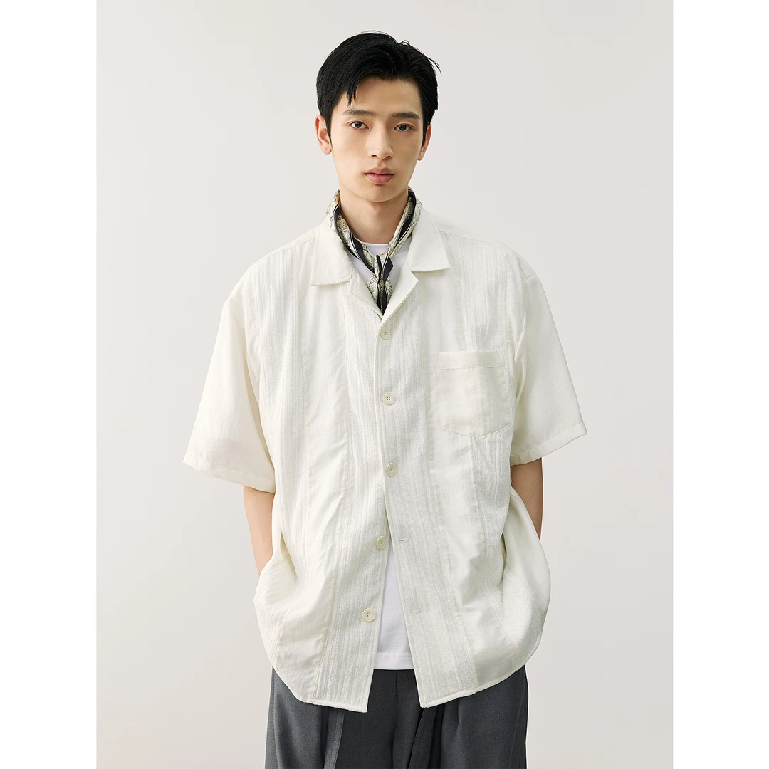 LR MADE 25SS 慵懒纱感 拼接肌理 休闲复古 宽松古巴领短袖衬衫