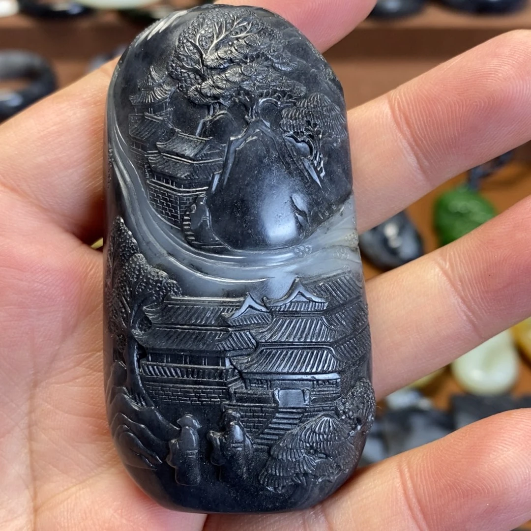 和田玉未镶嵌把件新疆和田玉青花一线天山水手把