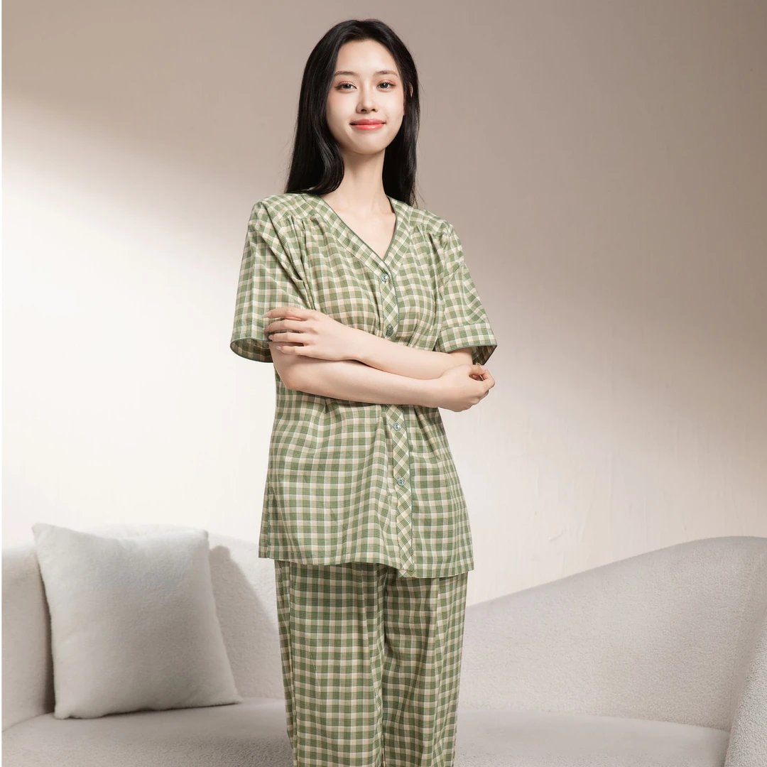 姬玛春夏款梭织纯棉短袖格子女士家居服睡衣套装252456