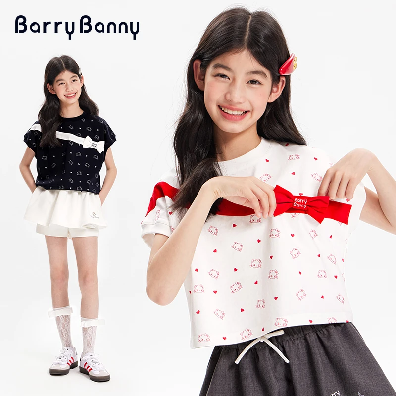 BarryBanny女童短袖2025夏季新款儿童上衣女孩卡通洋气蝴蝶结T恤