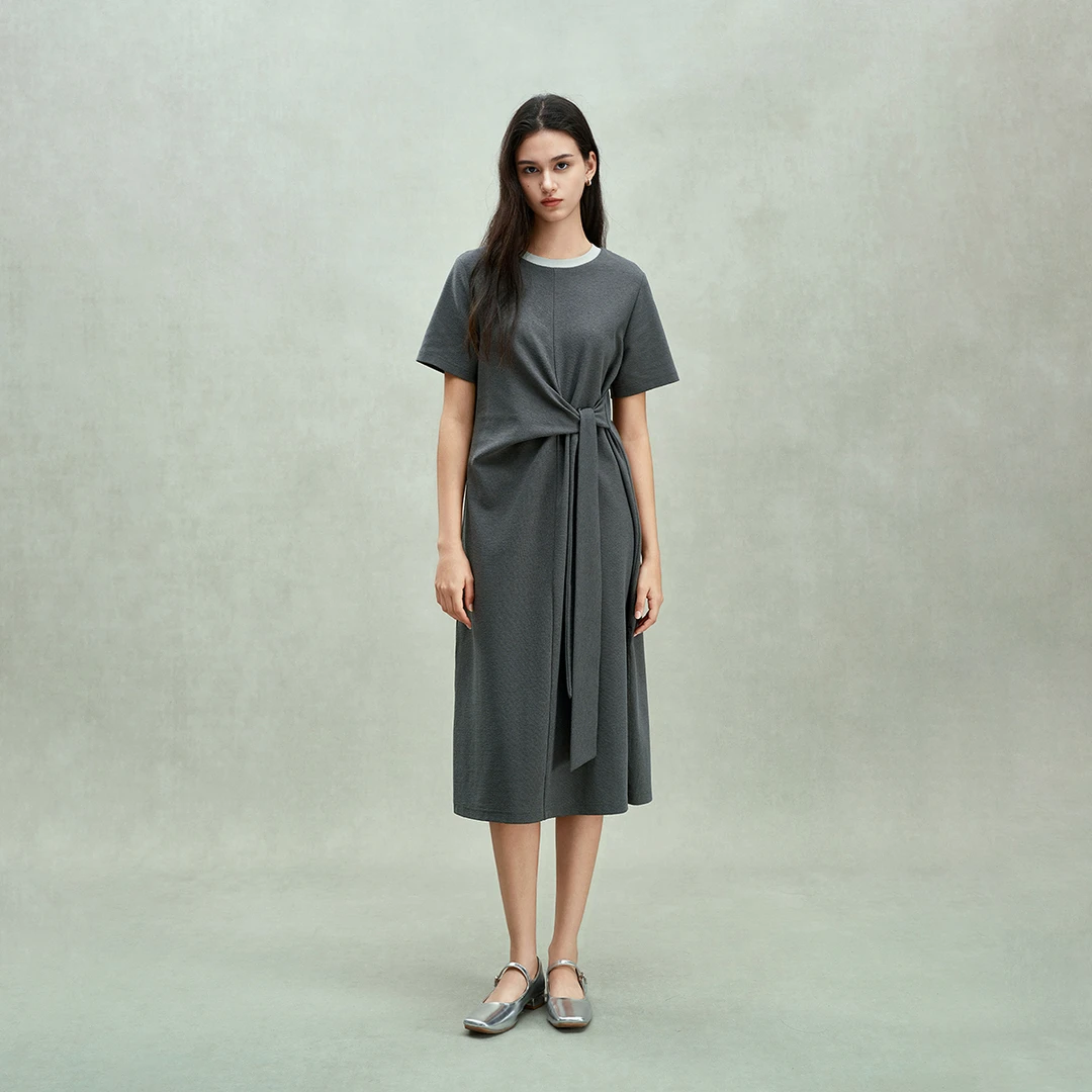 【陈陈专属】欧时力圆领绑带休闲连衣裙慵懒宽松内搭气质25新品
